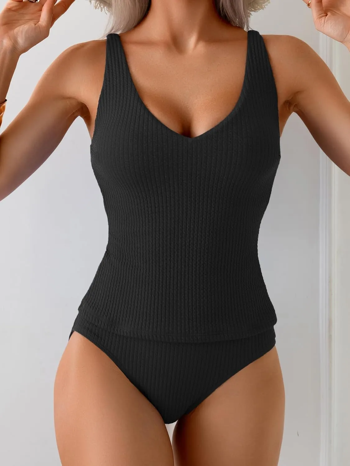 Eomenie Women's Tankini Swimsuits Ribbed Tummy Control Two Piece Bathing Suits Tie Back High Waisted Swimwear