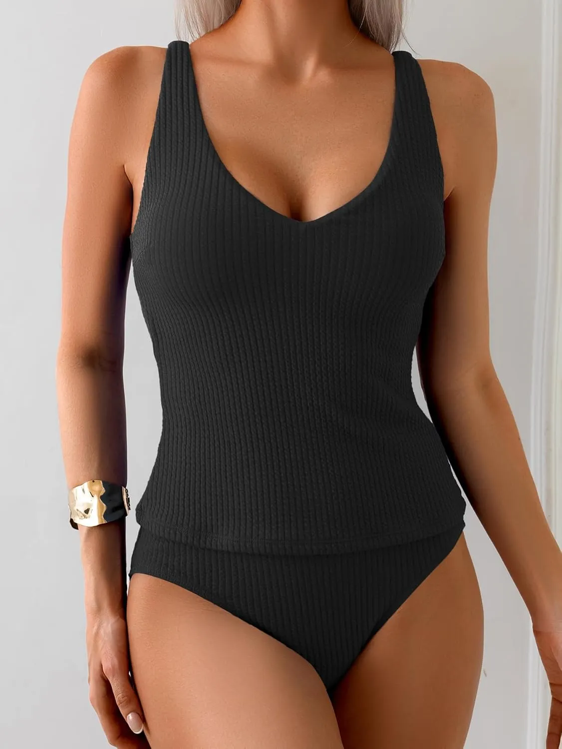 Eomenie Women's Tankini Swimsuits Ribbed Tummy Control Two Piece Bathing Suits Tie Back High Waisted Swimwear