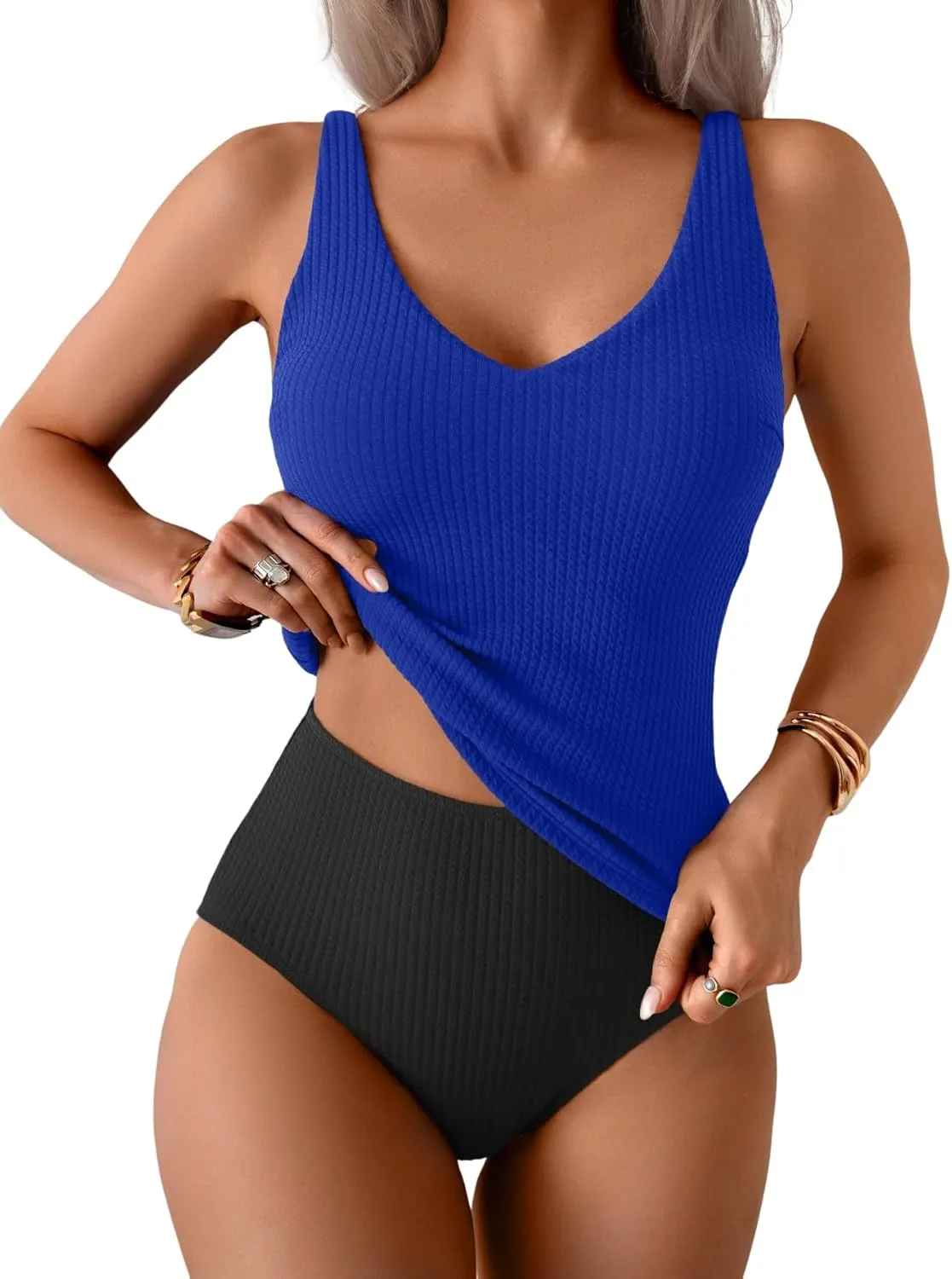 Eomenie Women's Tankini Swimsuits Ribbed Tummy Control Two Piece Bathing Suits Tie Back High Waisted Swimwear