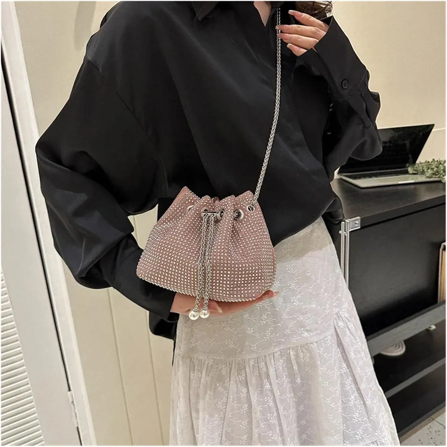 Evening Bag Women Rhinestone Bucket Bags Retro Pearl Chain Ladies Shoulder Bags Shiny Small Crossbody Bags(Multicolor)