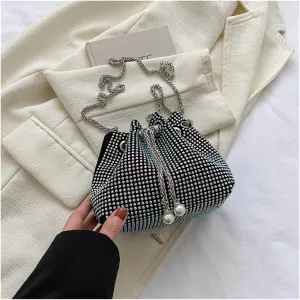 Evening Bag Women Rhinestone Bucket Bags Retro Pearl Chain Ladies Shoulder Bags Shiny Small Crossbody Bags(Multicolor)