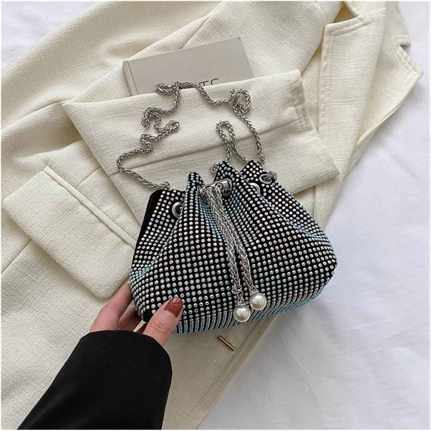 Evening Bag Women Rhinestone Bucket Bags Retro Pearl Chain Ladies Shoulder Bags Shiny Small Crossbody Bags(Multicolor)