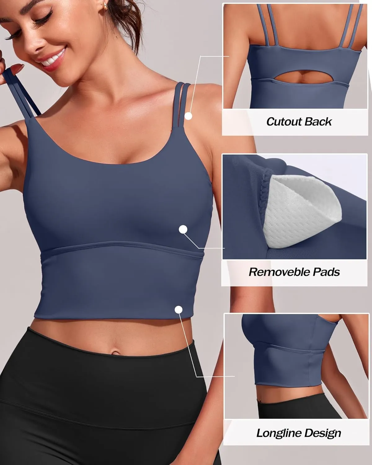 Everrysea Sports Bras for Women High Support Longline Workout Tank Tops Built in Bra Strappy Yoga Padded Crop Top