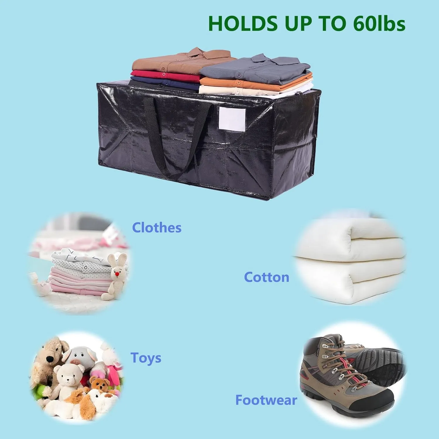 Extra Large Moving Bags,Collapsible Storage Bins,Heavy Duty Tote,Oversized Packing Supplies with Strong Handles,Large Bags With Smooth Zipper,Storage Boxes Alternative (Black,6Pack)