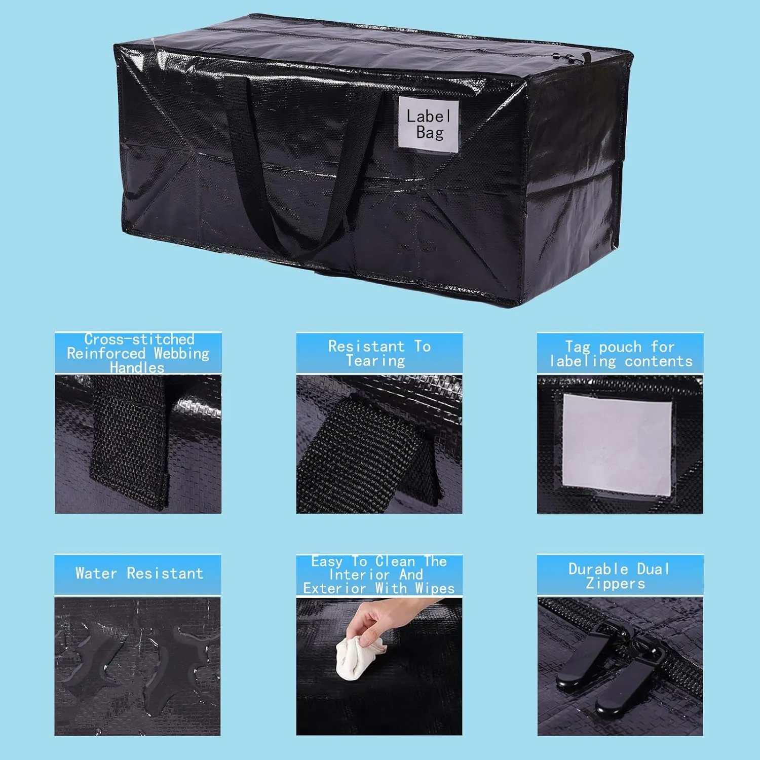 Extra Large Moving Bags,Collapsible Storage Bins,Heavy Duty Tote,Oversized Packing Supplies with Strong Handles,Large Bags With Smooth Zipper,Storage Boxes Alternative (Black,6Pack)