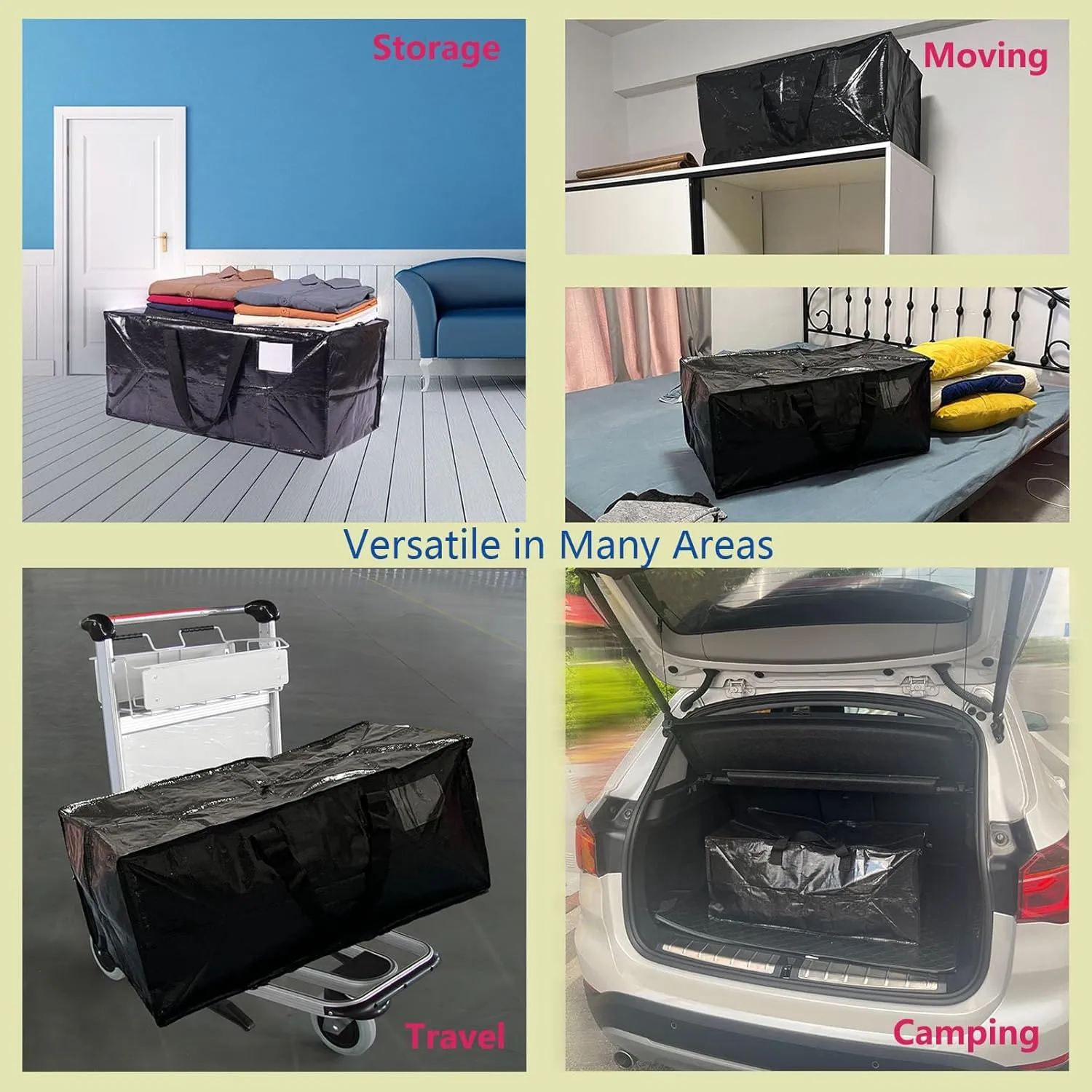Extra Large Moving Bags,Collapsible Storage Bins,Heavy Duty Tote,Oversized Packing Supplies with Strong Handles,Large Bags With Smooth Zipper,Storage Boxes Alternative (Black,6Pack)