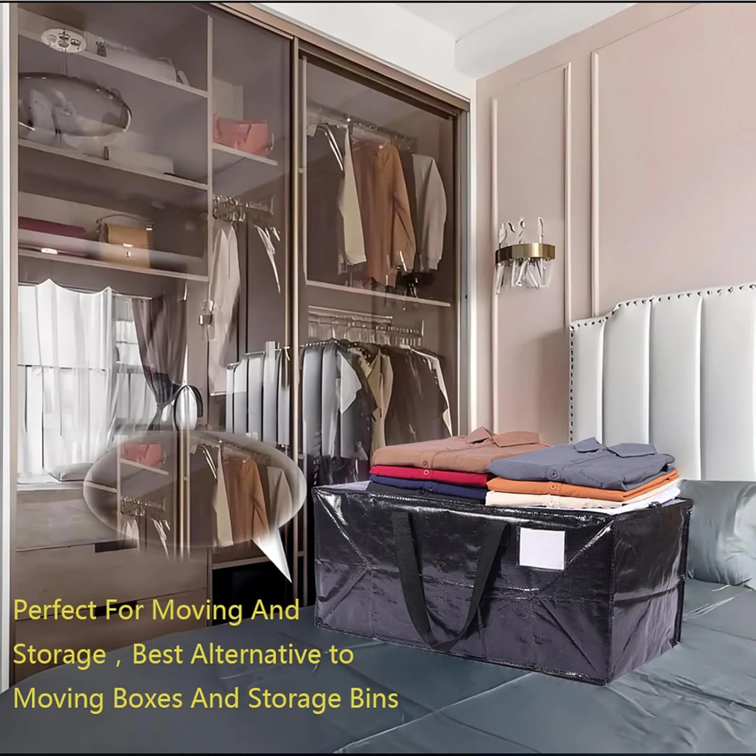 Extra Large Moving Bags,Collapsible Storage Bins,Heavy Duty Tote,Oversized Packing Supplies with Strong Handles,Large Bags With Smooth Zipper,Storage Boxes Alternative (Black,6Pack)