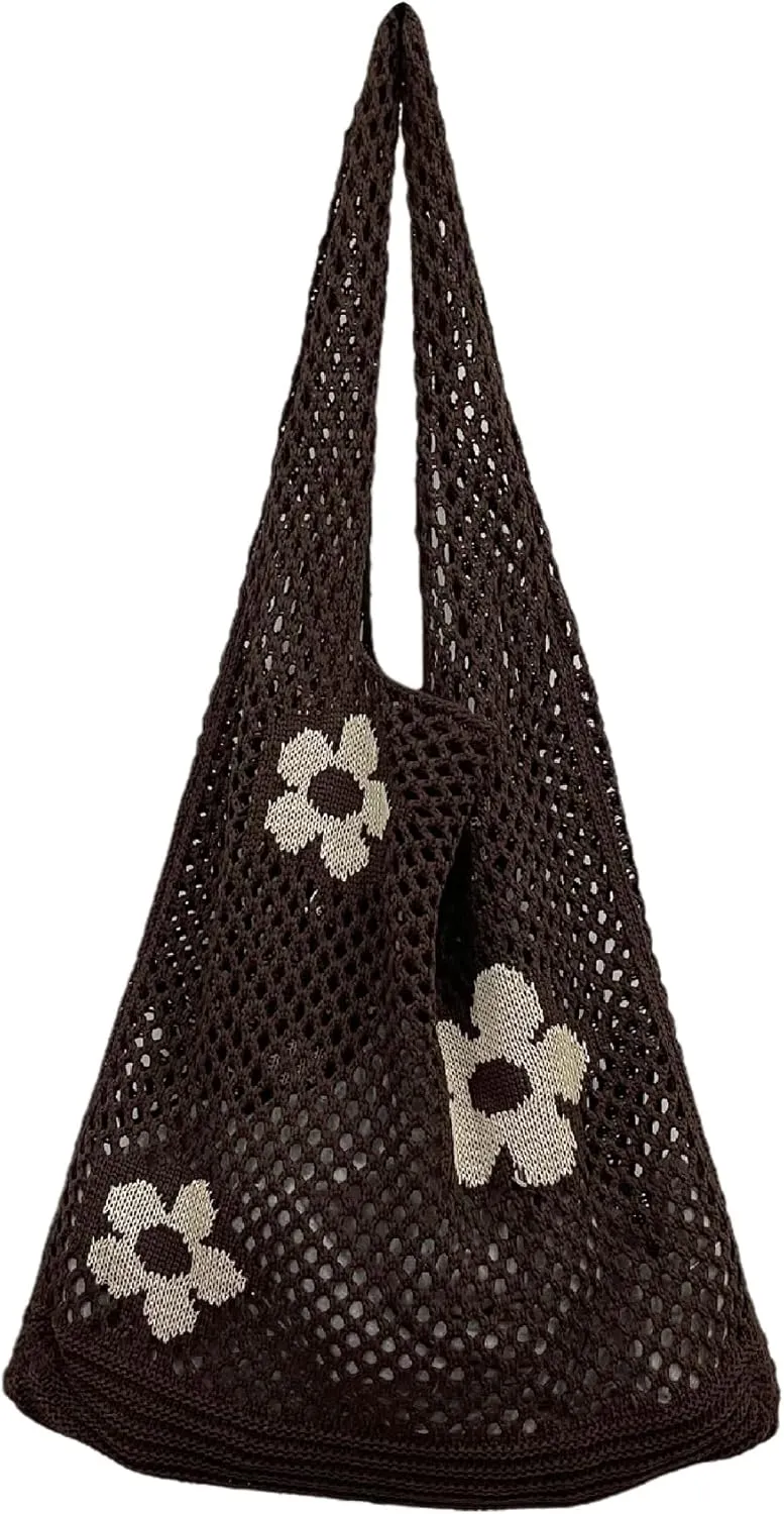Fairycore Flower Hollow Crochet Tote Bag Big Capacity Shopping Shoulder Bags Women Y2K Aesthetic Cutecore Accessories