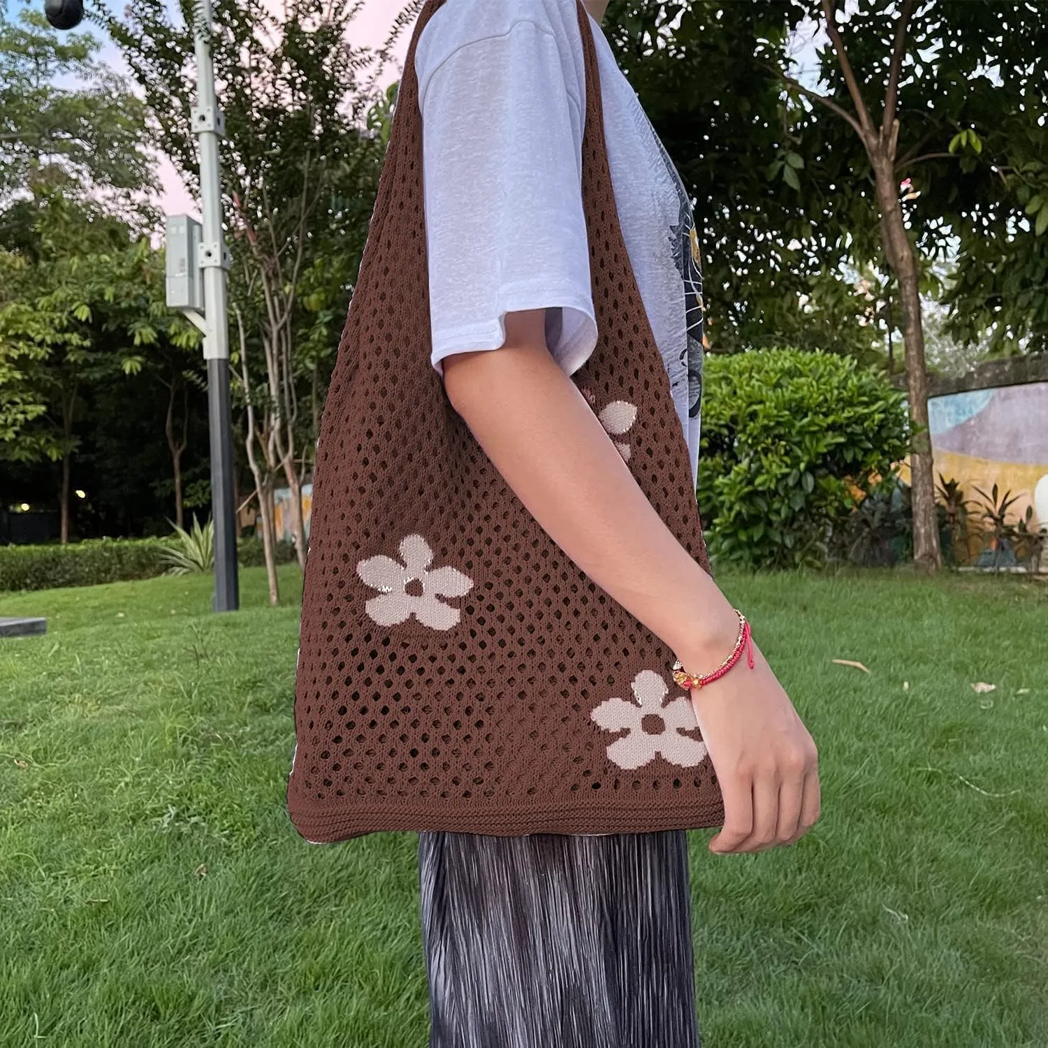 Fairycore Flower Hollow Crochet Tote Bag Big Capacity Shopping Shoulder Bags Women Y2K Aesthetic Cutecore Accessories