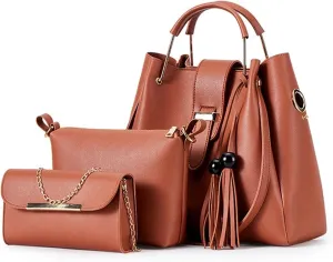 Fashion Women Bucket Handbag Large Capacity PU Leather Shoulder Bag Female Wild 3 Pcs Set Retro Tote Tassel