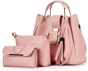 Fashion Women Bucket Handbag Large Capacity PU Leather Shoulder Bag Female Wild 3 Pcs Set Retro Tote Tassel