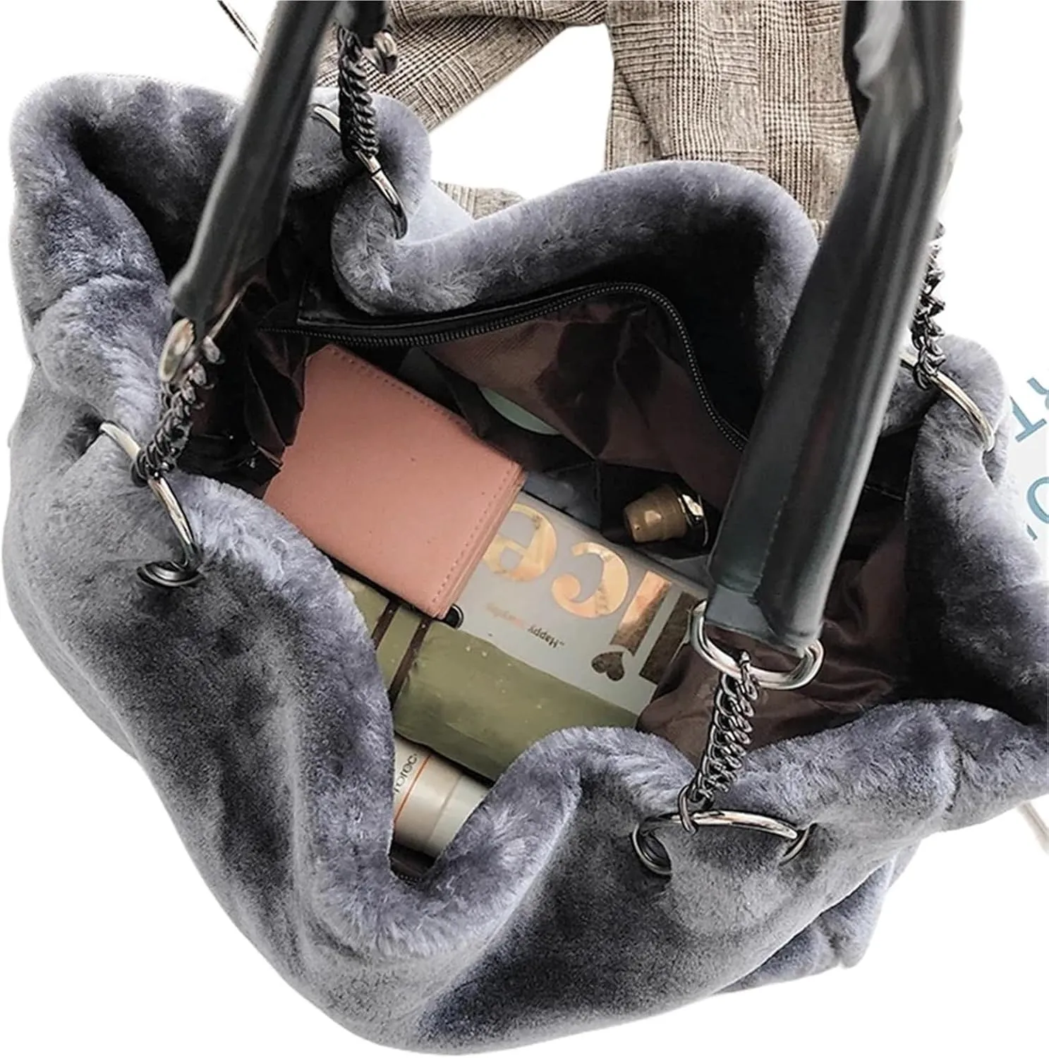 Faux Fur Tote Bag Winter Plush Women Shoulder Bag Casual Lady Handbag Female Chain Larger Capacity Travel Shopping Bag