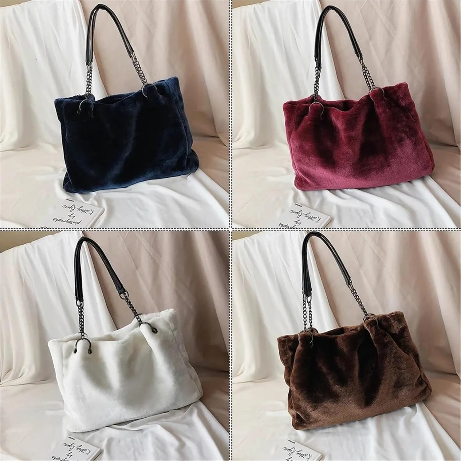 Faux Fur Tote Bag Winter Plush Women Shoulder Bag Casual Lady Handbag Female Chain Larger Capacity Travel Shopping Bag