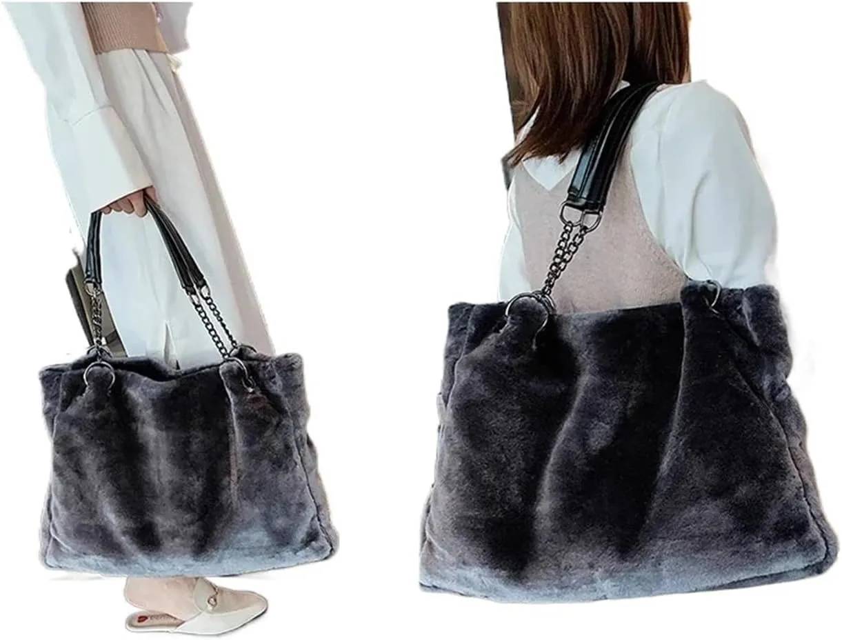 Faux Fur Tote Bag Winter Plush Women Shoulder Bag Casual Lady Handbag Female Chain Larger Capacity Travel Shopping Bag