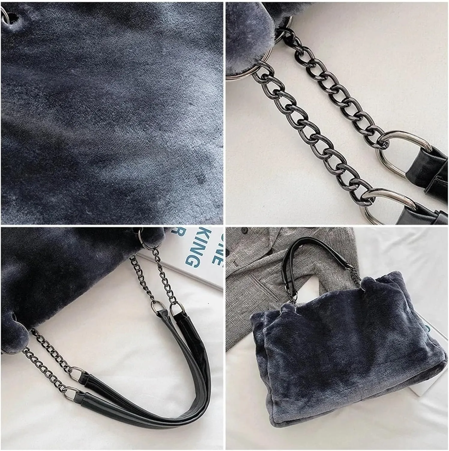 Faux Fur Tote Bag Winter Plush Women Shoulder Bag Casual Lady Handbag Female Chain Larger Capacity Travel Shopping Bag