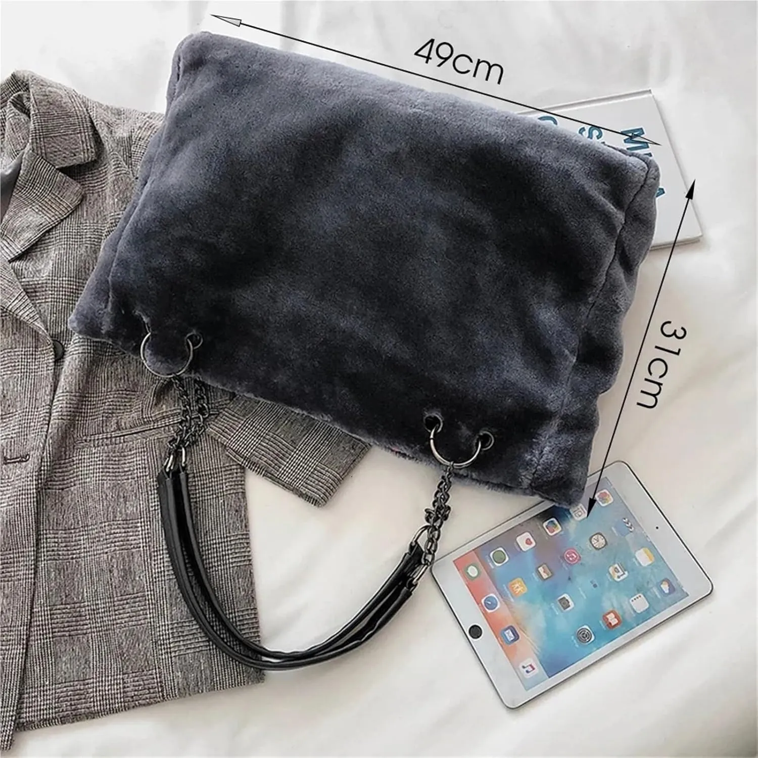 Faux Fur Tote Bag Winter Plush Women Shoulder Bag Casual Lady Handbag Female Chain Larger Capacity Travel Shopping Bag