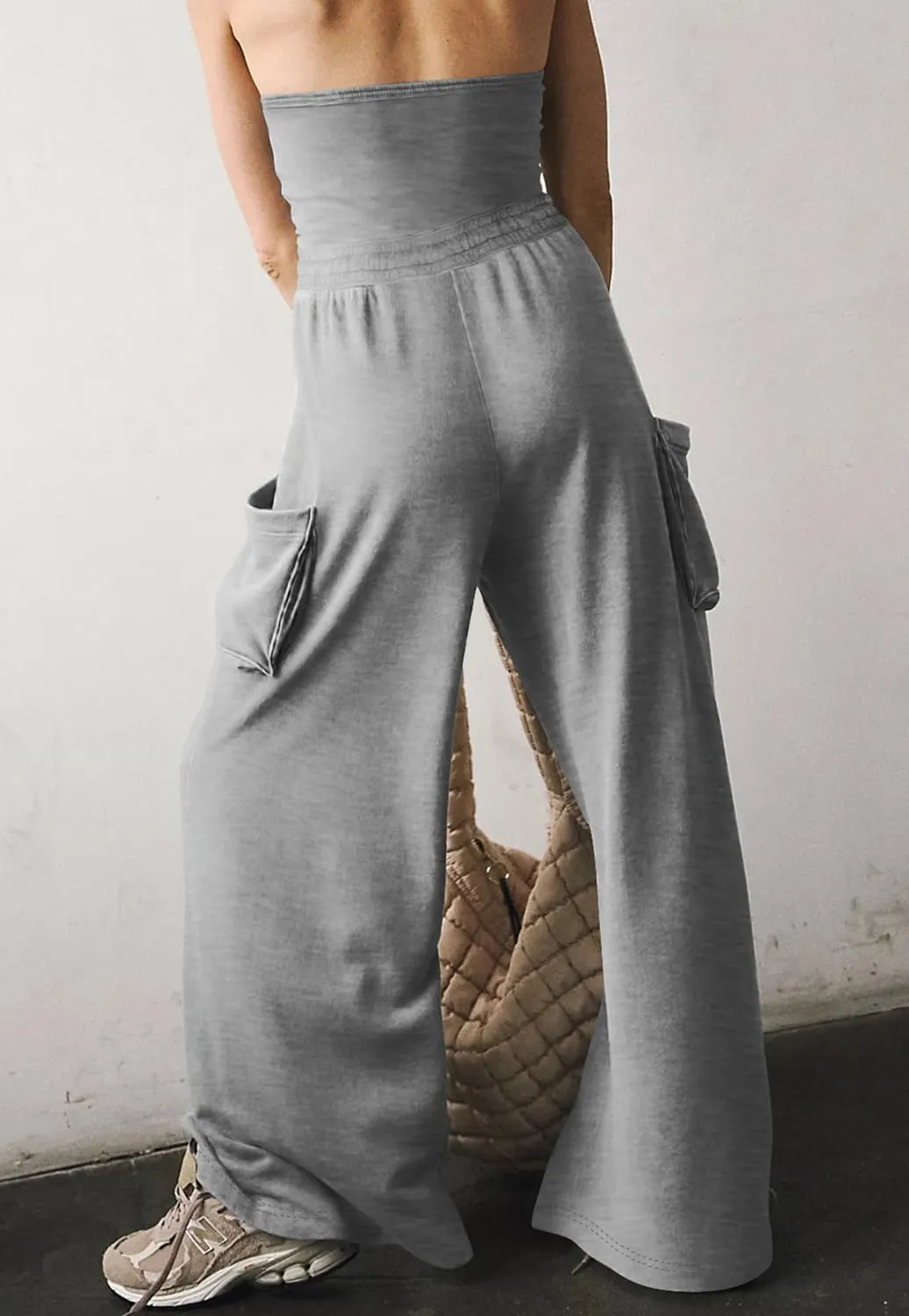 Feager Women's Oversized Strapless Off Shoulder Tube Top Jumpsuits Casual Wide Leg Long Pants Jumpsuits Rompers with Pockets