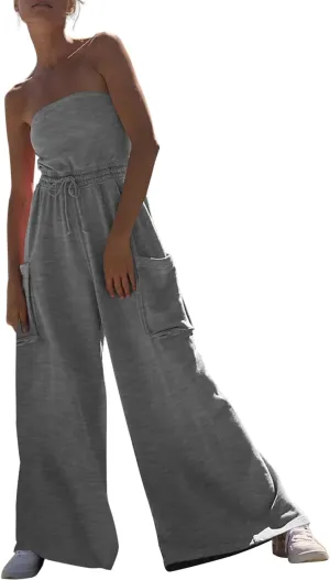 Feager Women's Oversized Strapless Off Shoulder Tube Top Jumpsuits Casual Wide Leg Long Pants Jumpsuits Rompers with Pockets