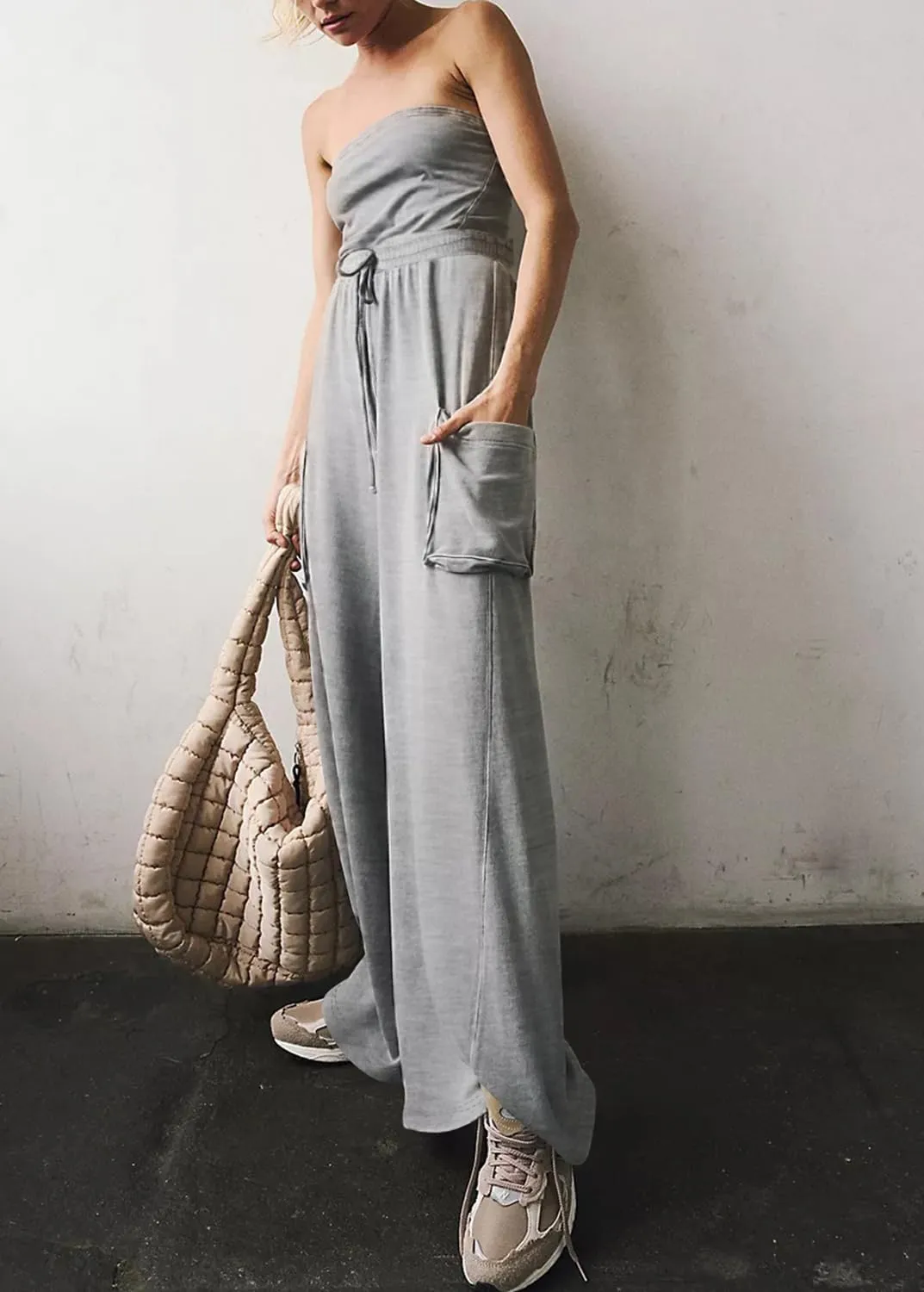 Feager Women's Oversized Strapless Off Shoulder Tube Top Jumpsuits Casual Wide Leg Long Pants Jumpsuits Rompers with Pockets