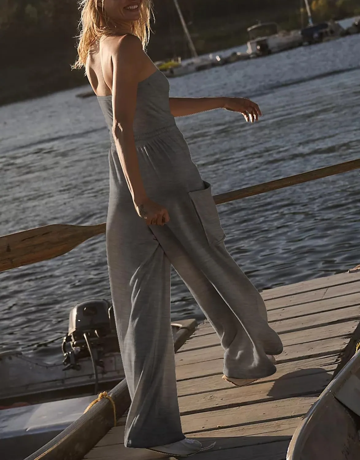 Feager Women's Oversized Strapless Off Shoulder Tube Top Jumpsuits Casual Wide Leg Long Pants Jumpsuits Rompers with Pockets