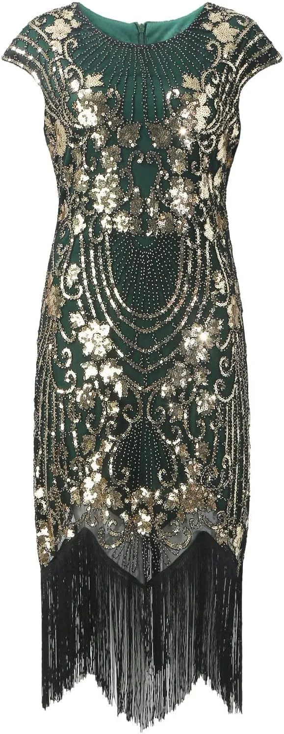 Flapper Dresses 1920s Gatsby Plus Size Cap Sleeve Sparkly Fringe Dress Art Deco Roaring 20s Cocktail Costumes