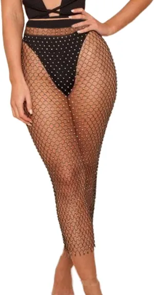 Formery Glitter Rhinestone Mesh Coverup Black Crystal Long Skirts Rave Costume Halloween Skirt Body Accessories for Women