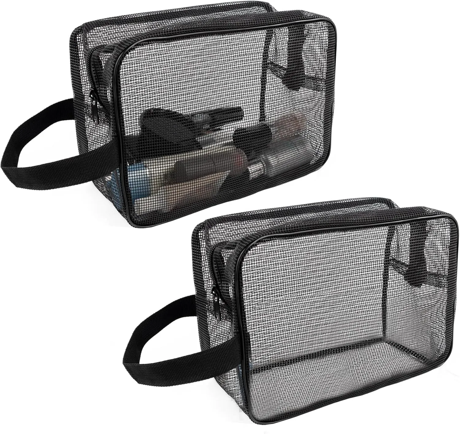 Framendino, 2 Pack Mesh Shower Bag Black Toiletry Bags for Men Women Traveling Cosmetic Portable Makeup Pouch Hanging