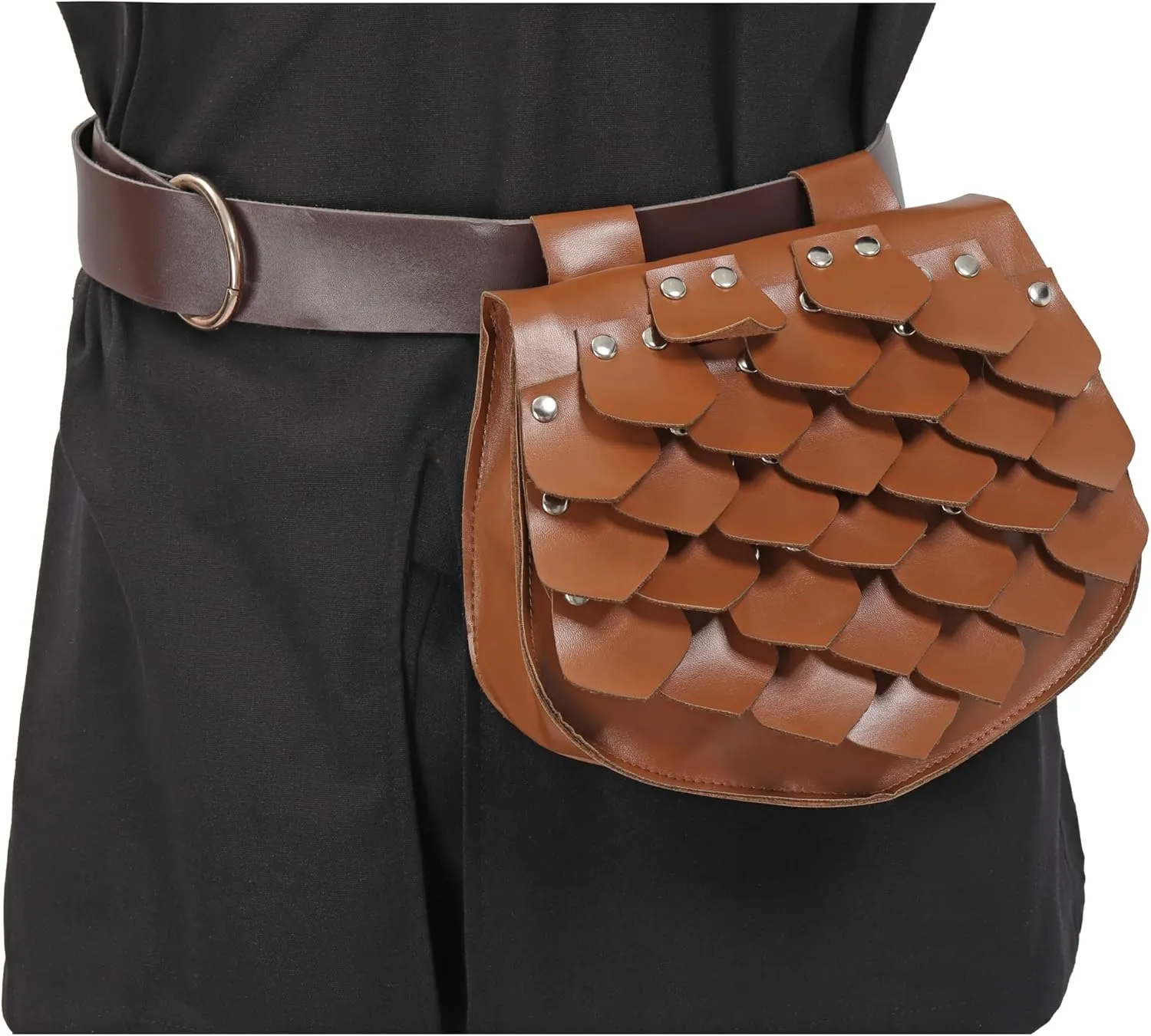 FURPHI Medieval Belt Pouch Renaissance Faux Leather Scale Waist Bag LARP Costume Accessories for Men Women (Brown)