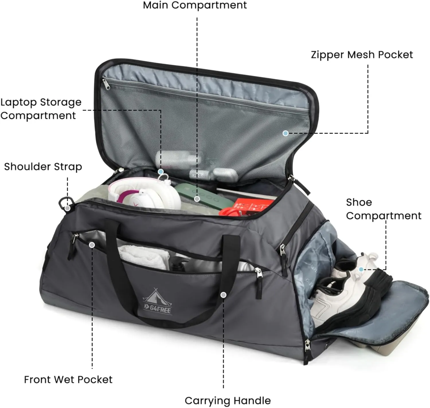 G4Free 60L Gym Bag, 3-Way Duffle Bag with Shoes Compartment & Wet Pocket for Men Women, Water-resistant Duffel Backpack for Sports Travel Camping Weekender Overnight Bag