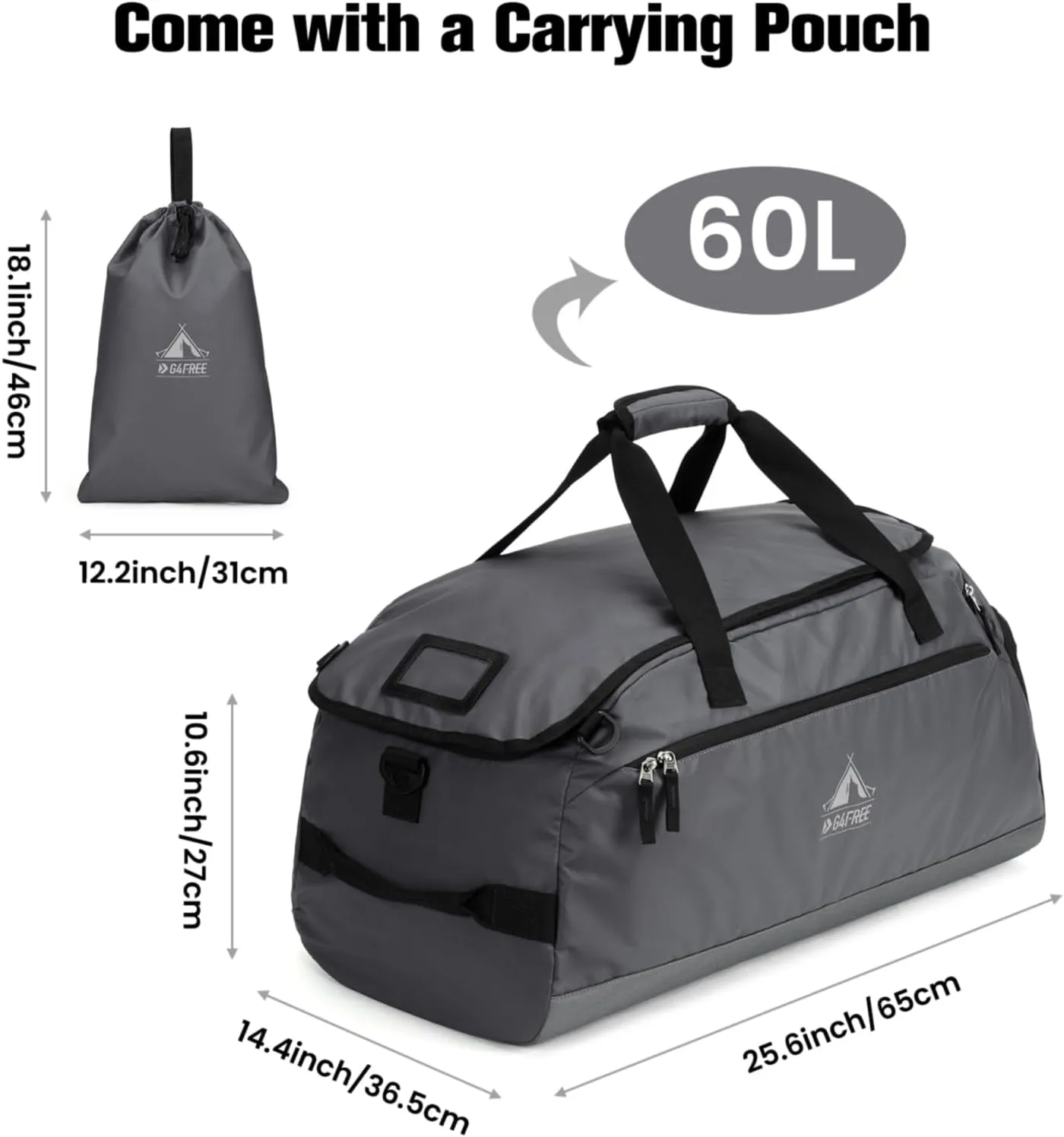 G4Free 60L Gym Bag, 3-Way Duffle Bag with Shoes Compartment & Wet Pocket for Men Women, Water-resistant Duffel Backpack for Sports Travel Camping Weekender Overnight Bag