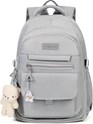 Girls Backpack for College High Middle School Student, Cute Aesthetic Bookbag for Teens Women with Accessories,Grey