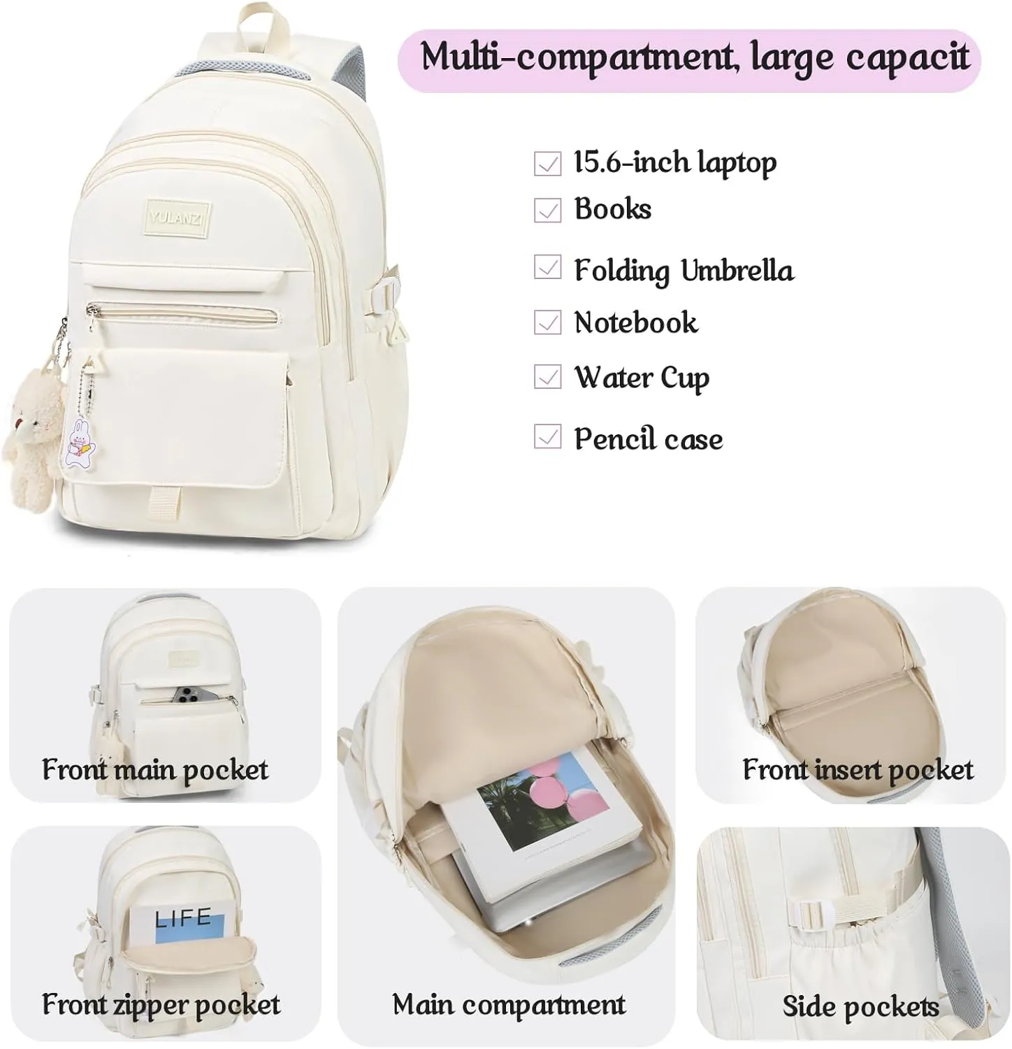 Girls Backpack for College High Middle School Student, Cute Aesthetic Bookbag for Teens Women with Accessories,Grey