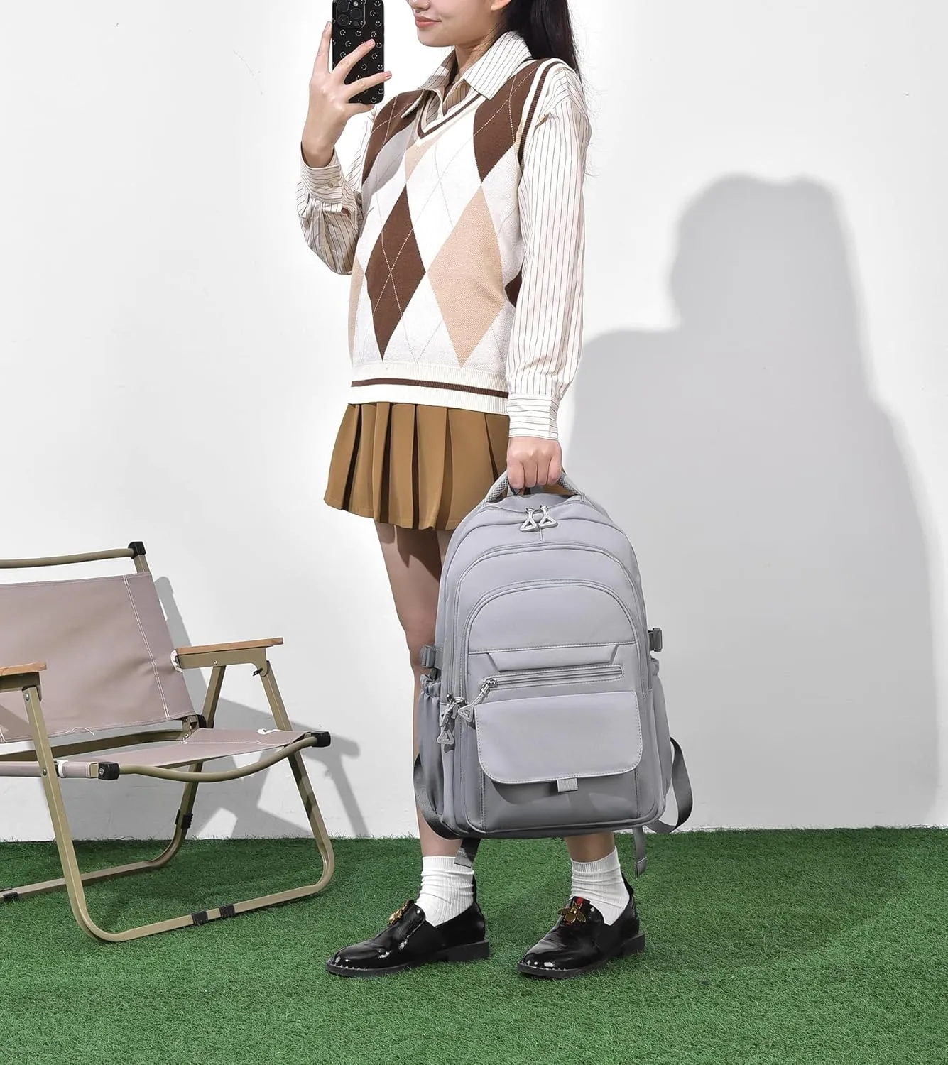Girls Backpack for College High Middle School Student, Cute Aesthetic Bookbag for Teens Women with Accessories,Grey