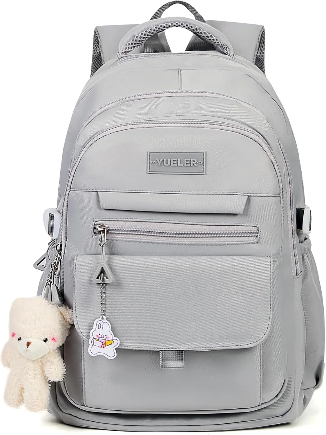 Girls Backpack for College High Middle School Student, Cute Aesthetic Bookbag for Teens Women with Accessories,Grey