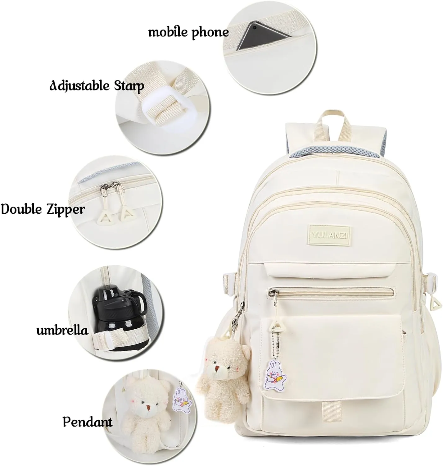 Girls Backpack for College High Middle School Student, Cute Aesthetic Bookbag for Teens Women with Accessories,Grey