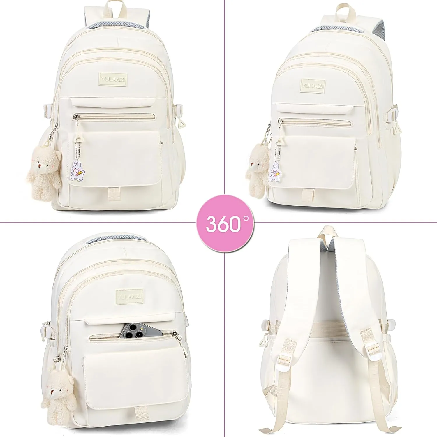 Girls Backpack for College High Middle School Student, Cute Aesthetic Bookbag for Teens Women with Accessories,Grey