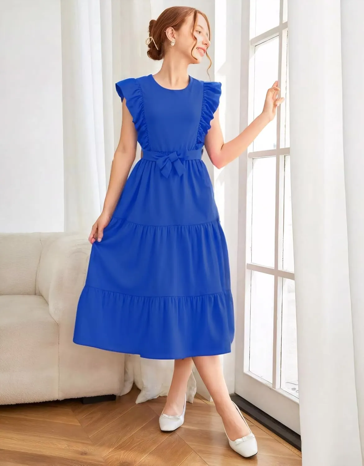 Girls Summer Dresses Ruffle Sleeve Dress A Line Swing Belted Casual Solid Color Party Dress 6-14 Years