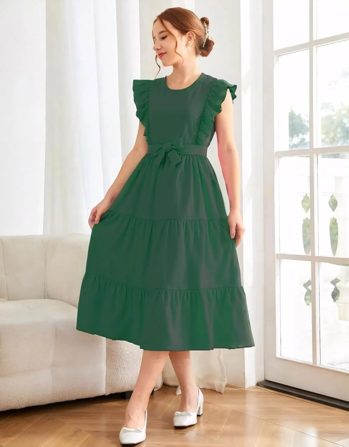 Girls Summer Dresses Ruffle Sleeve Dress A Line Swing Belted Casual Solid Color Party Dress 6-14 Years