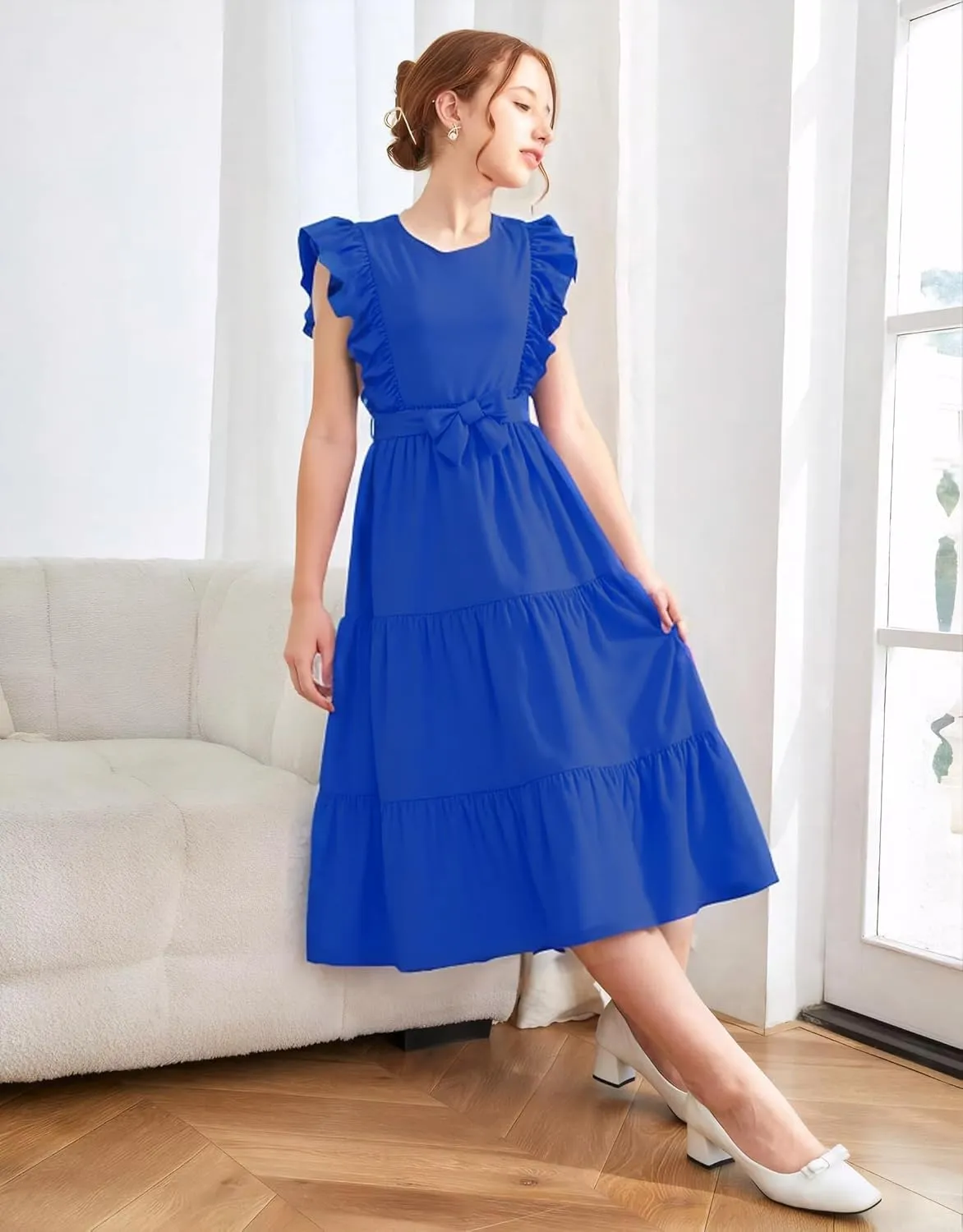 Girls Summer Dresses Ruffle Sleeve Dress A Line Swing Belted Casual Solid Color Party Dress 6-14 Years