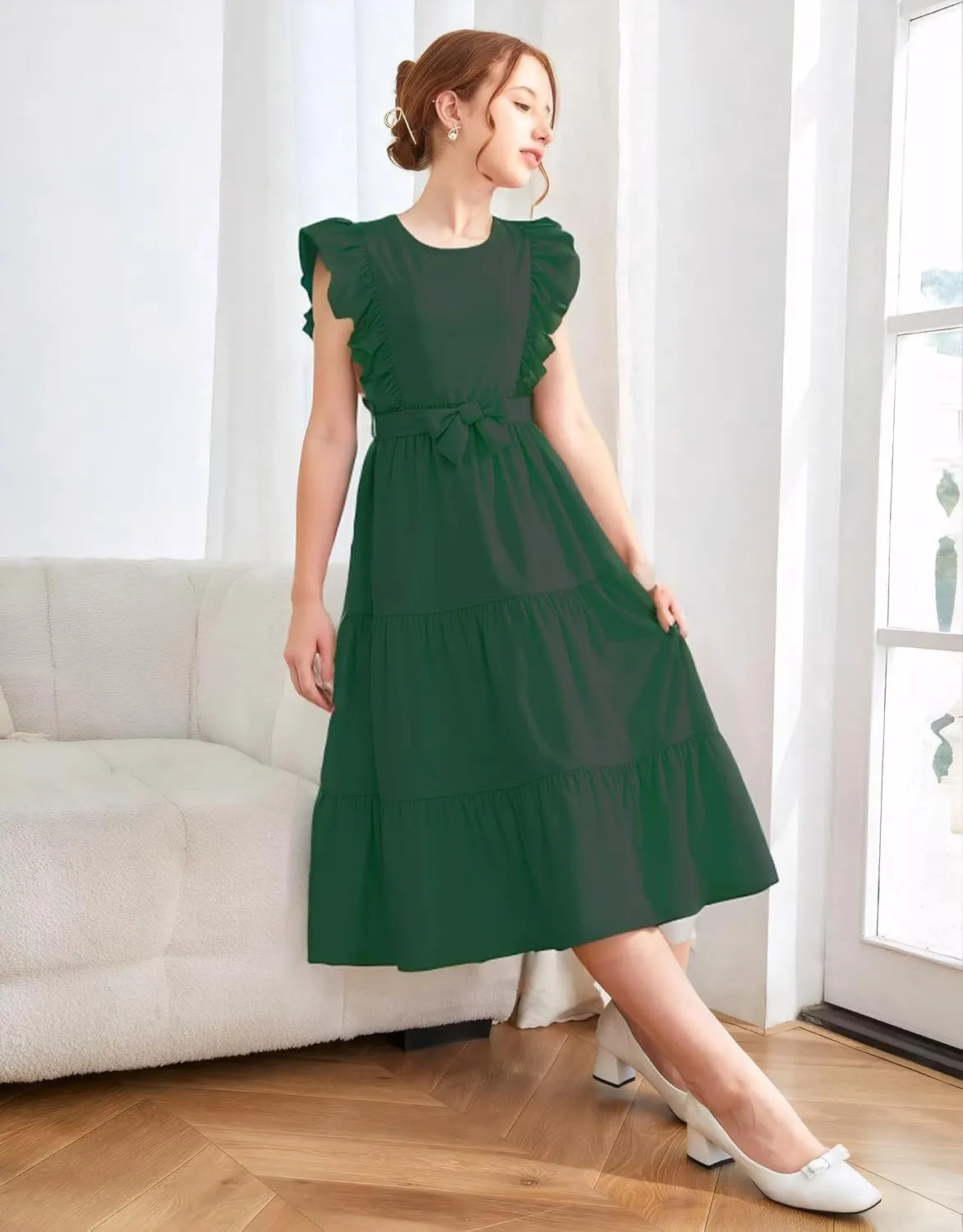 Girls Summer Dresses Ruffle Sleeve Dress A Line Swing Belted Casual Solid Color Party Dress 6-14 Years