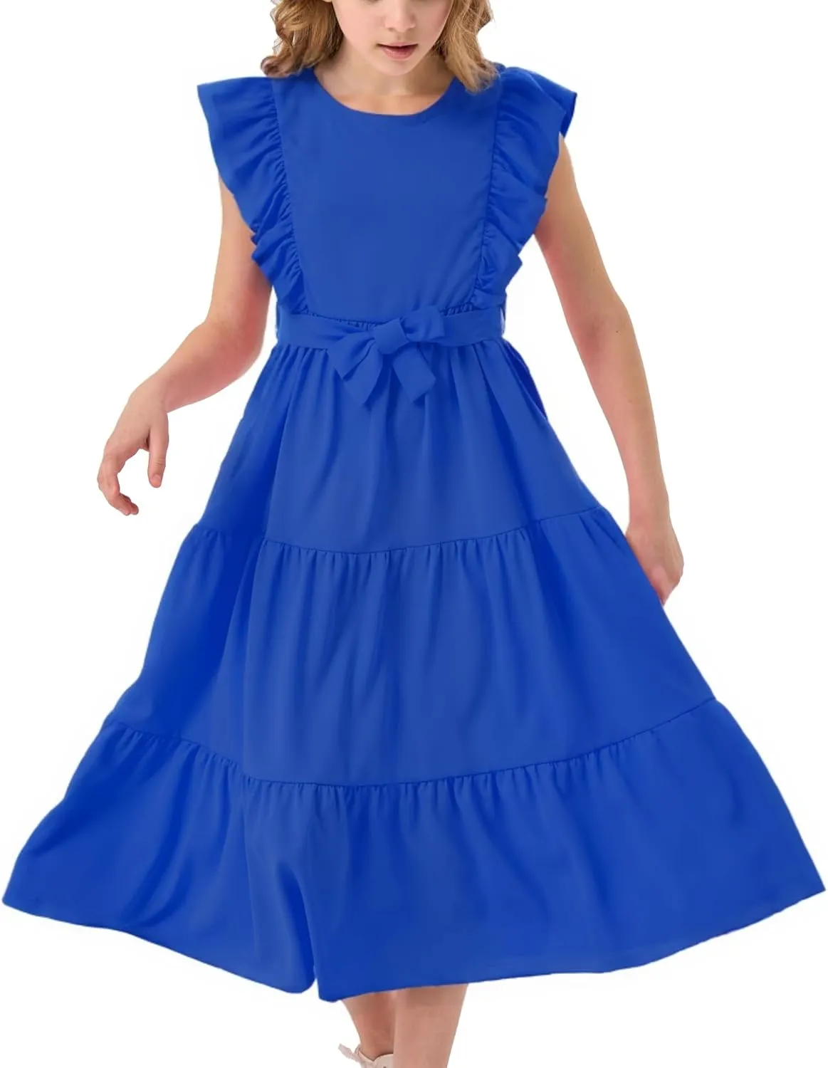 Girls Summer Dresses Ruffle Sleeve Dress A Line Swing Belted Casual Solid Color Party Dress 6-14 Years