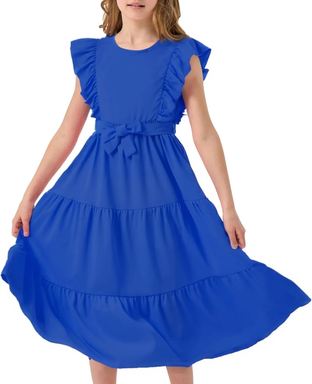 Girls Summer Dresses Ruffle Sleeve Dress A Line Swing Belted Casual Solid Color Party Dress 6-14 Years