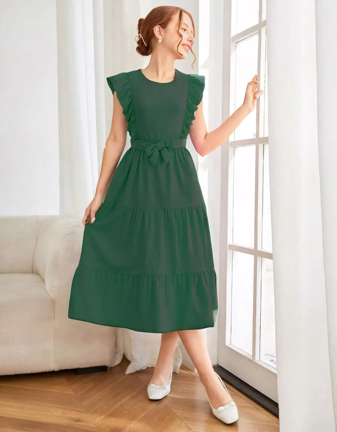 Girls Summer Dresses Ruffle Sleeve Dress A Line Swing Belted Casual Solid Color Party Dress 6-14 Years
