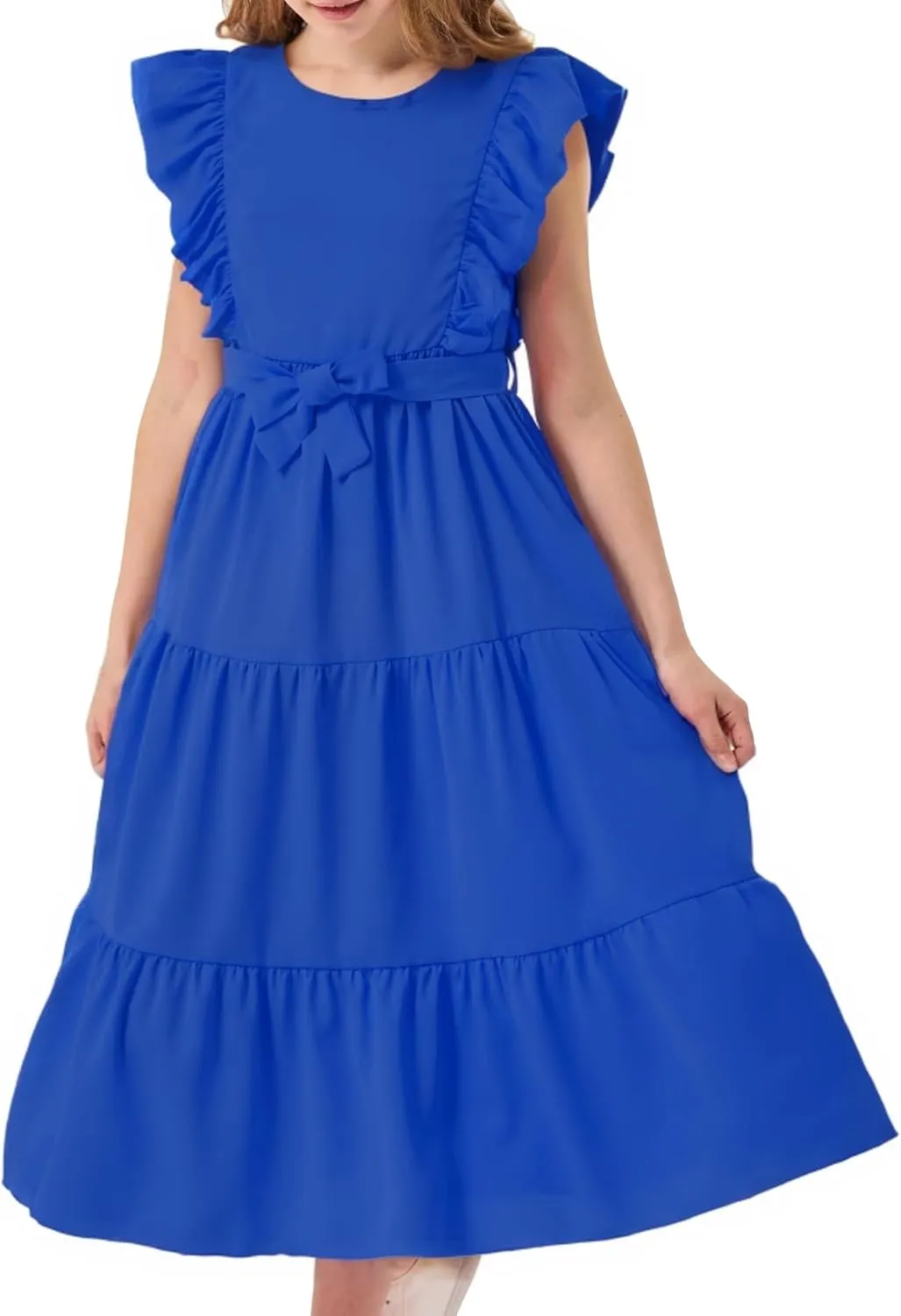Girls Summer Dresses Ruffle Sleeve Dress A Line Swing Belted Casual Solid Color Party Dress 6-14 Years