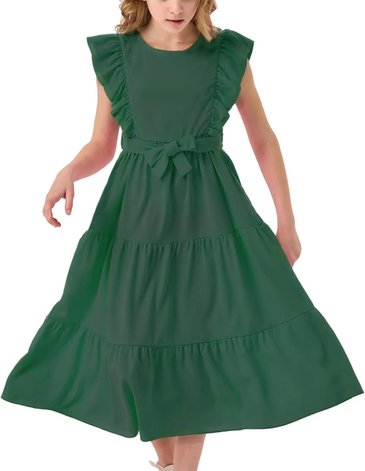 Girls Summer Dresses Ruffle Sleeve Dress A Line Swing Belted Casual Solid Color Party Dress 6-14 Years