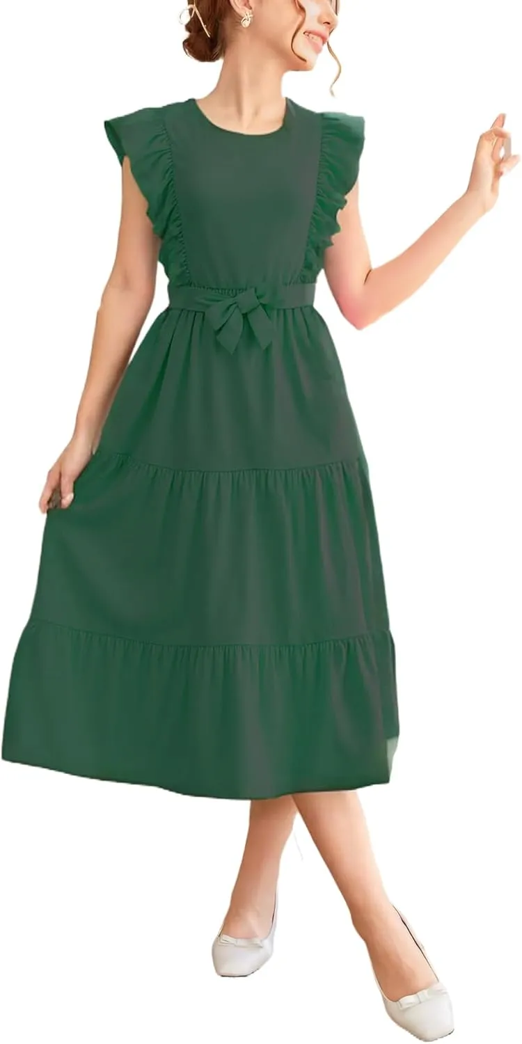 Girls Summer Dresses Ruffle Sleeve Dress A Line Swing Belted Casual Solid Color Party Dress 6-14 Years