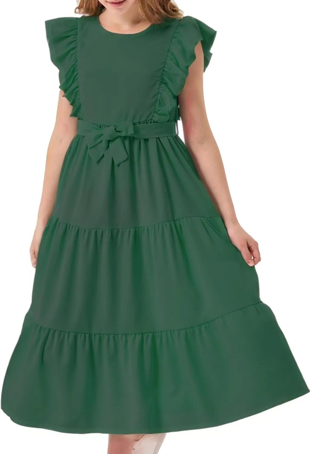 Girls Summer Dresses Ruffle Sleeve Dress A Line Swing Belted Casual Solid Color Party Dress 6-14 Years