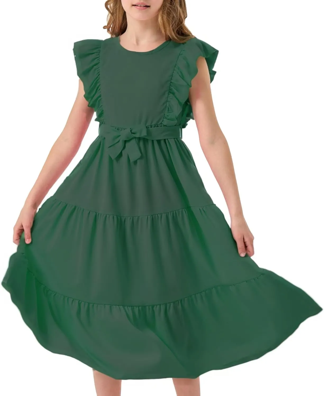 Girls Summer Dresses Ruffle Sleeve Dress A Line Swing Belted Casual Solid Color Party Dress 6-14 Years