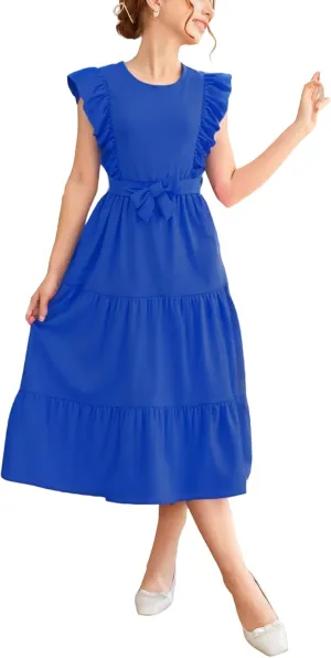 Girls Summer Dresses Ruffle Sleeve Dress A Line Swing Belted Casual Solid Color Party Dress 6-14 Years