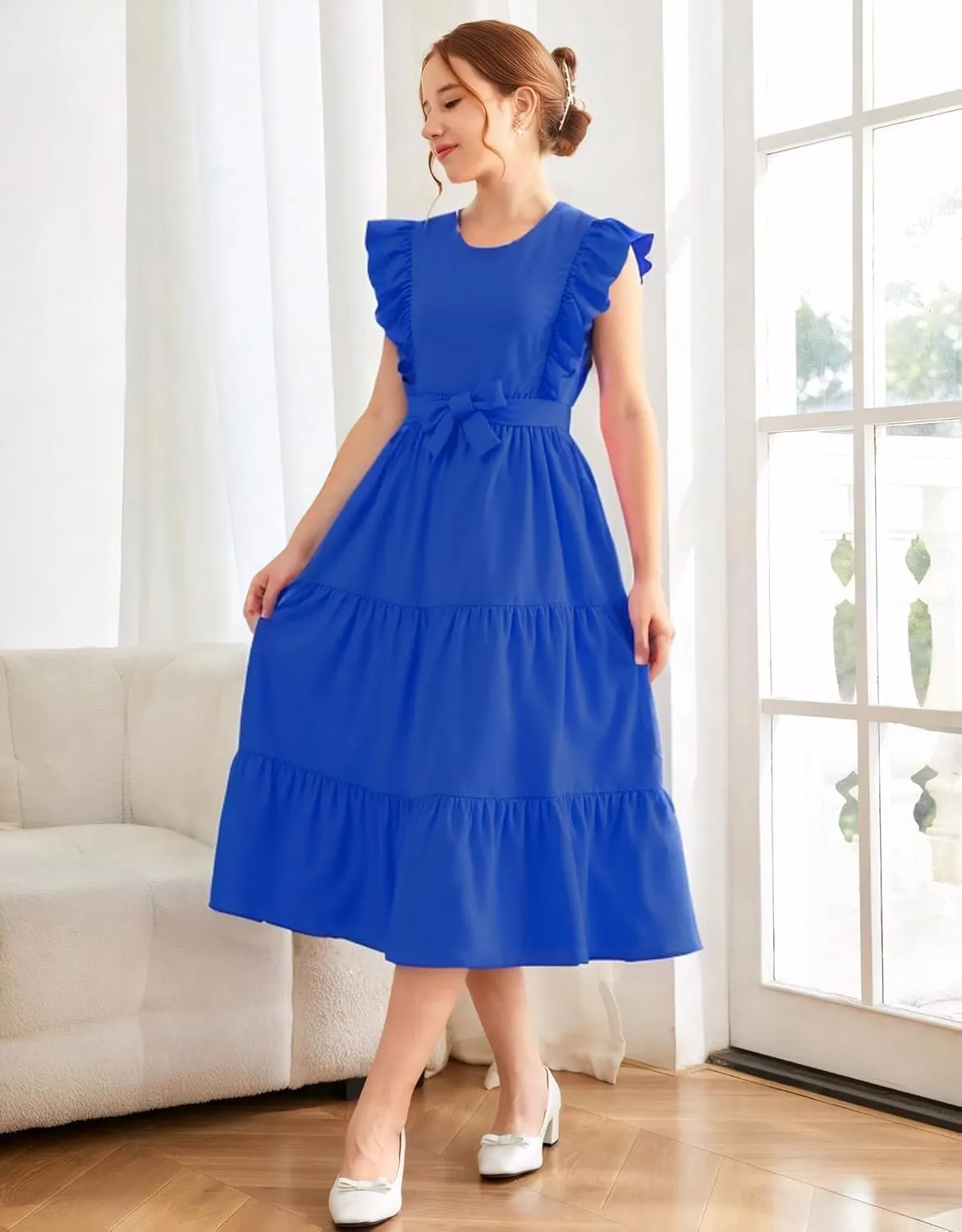 Girls Summer Dresses Ruffle Sleeve Dress A Line Swing Belted Casual Solid Color Party Dress 6-14 Years